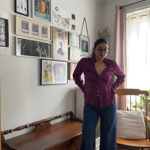 Naughties style silk aubergine blouse. Fit & flare with slight stretch.